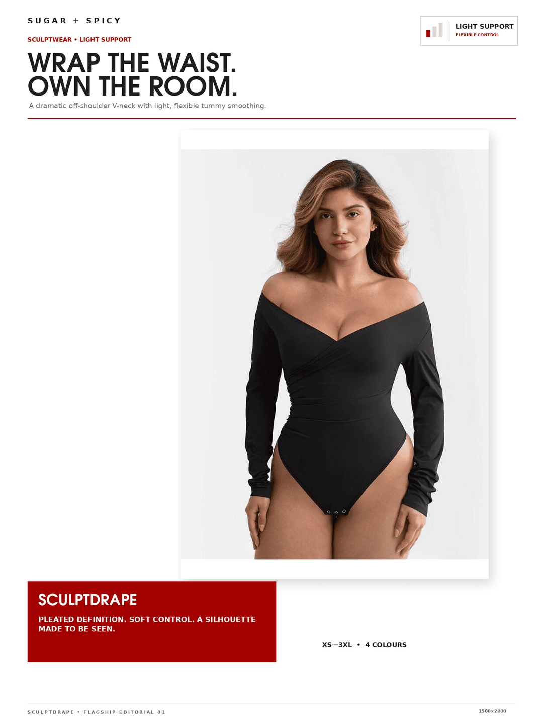 A model wearing a black long-sleeve off-the-shoulder bodysuit, presented on a white background with promotional text for Sculptrae from Sugar + Spicy.