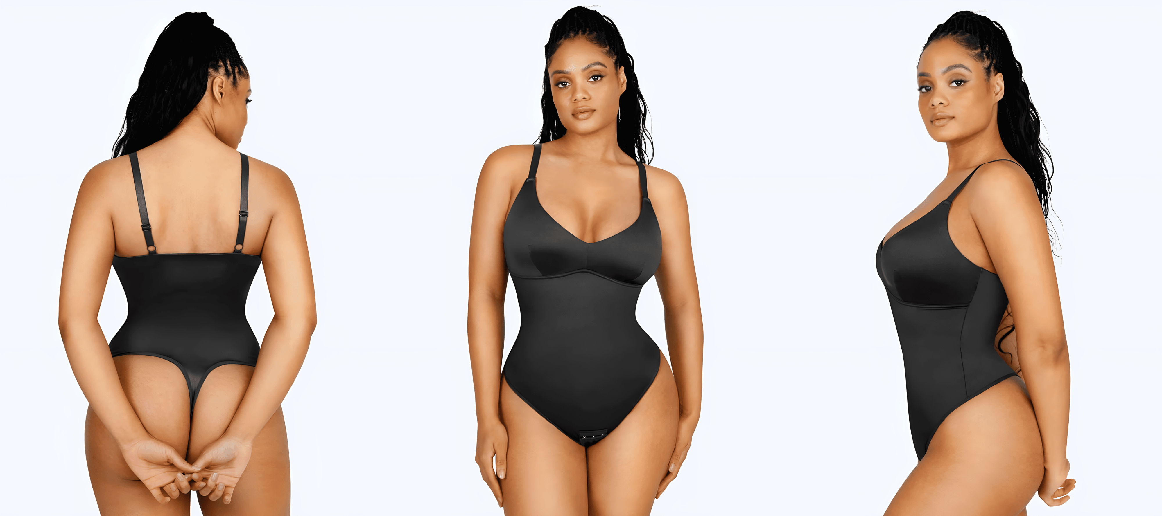 Black women’s shapewear bodysuit shown front, side and back views for a sleek slimming fit and support
