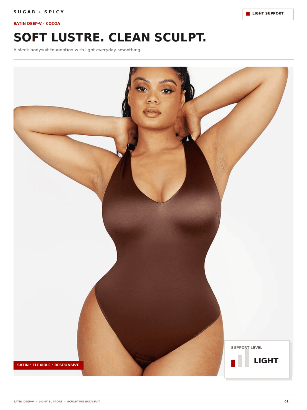 SculptLustre Deep-V Satin Shapewear Thong Bodysuit