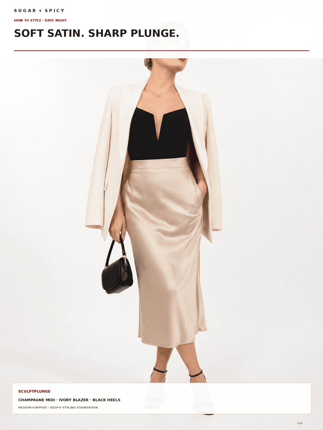 A model wears a satin-chambray midi skirt in ivory, styled with a black sweetheart top, a cream blazer, and a black handbag against a white studio background.