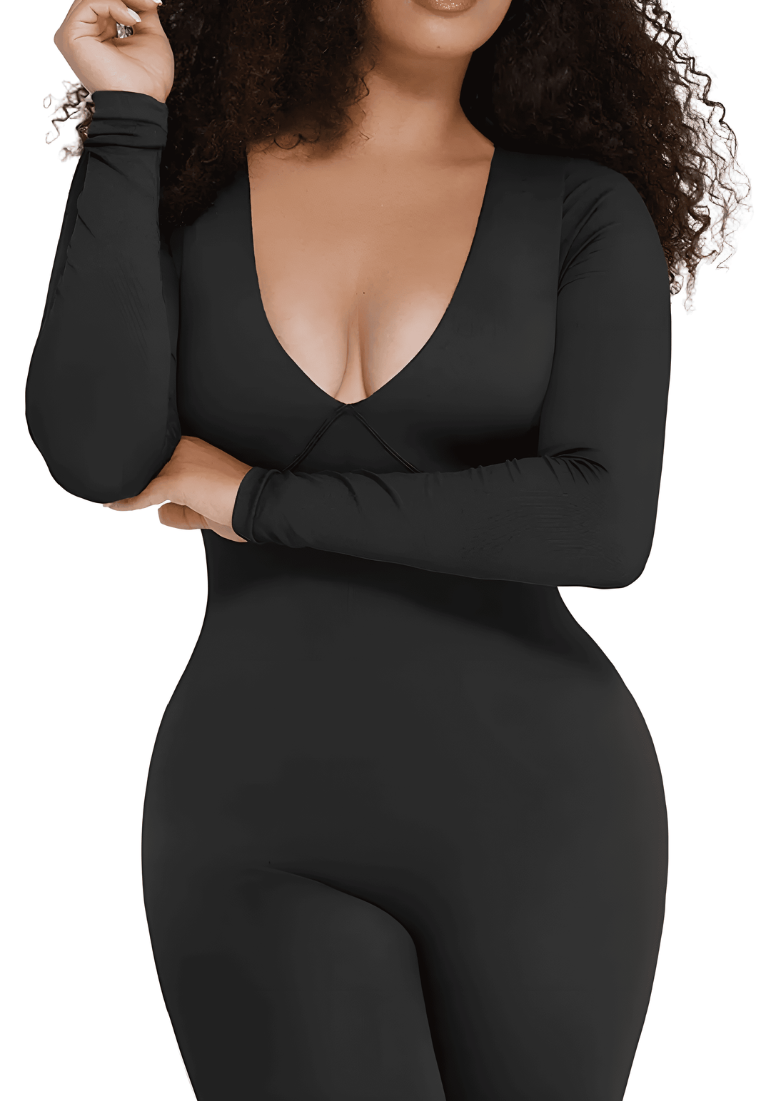 Woman wearing black long-sleeve bodycon jumpsuit with deep V-neck, showcasing a sleek fitted fashion look