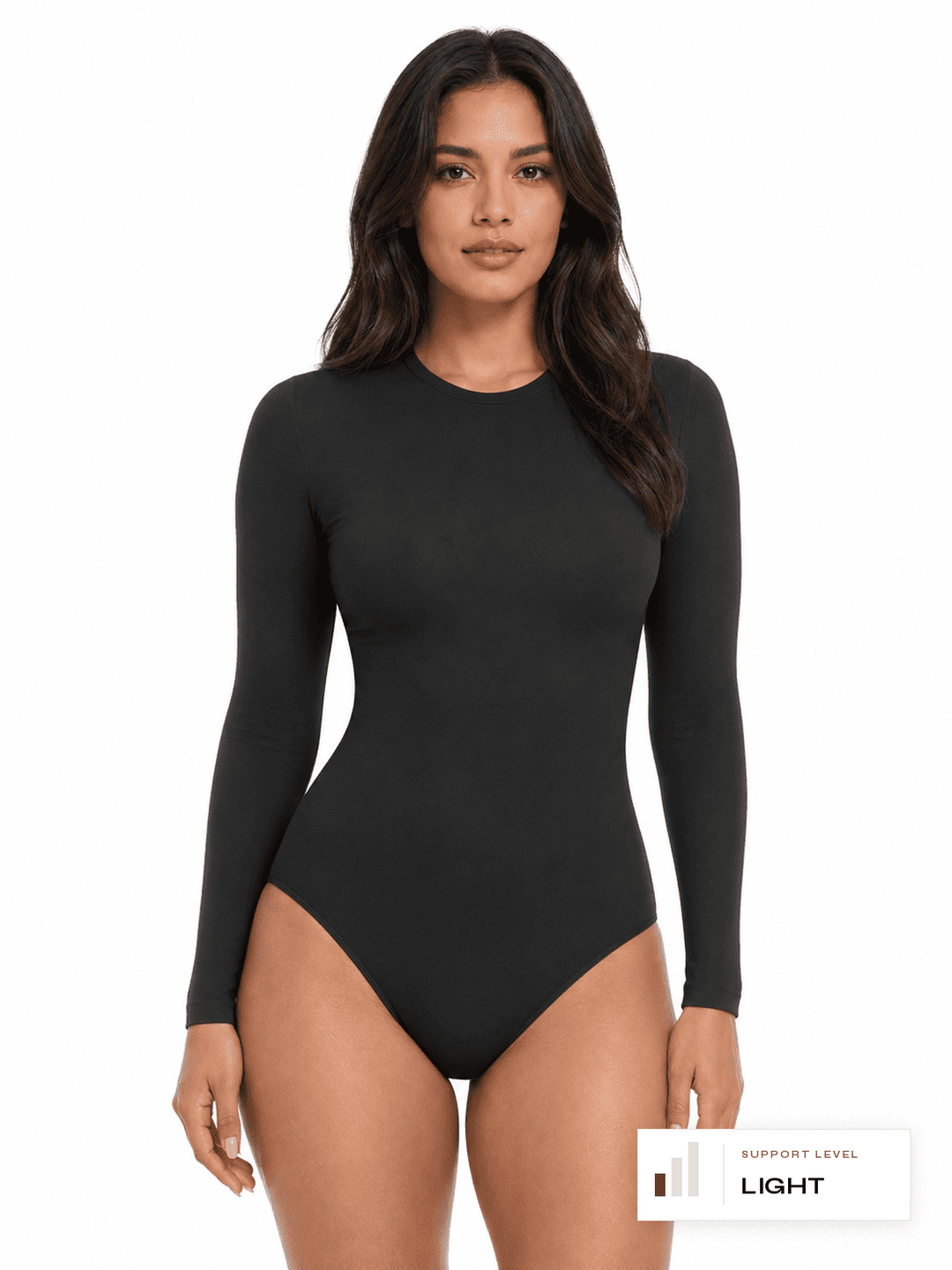 Model wearing a black seamless long sleeve bodysuit, showcasing a light-compression fit and sleek design.