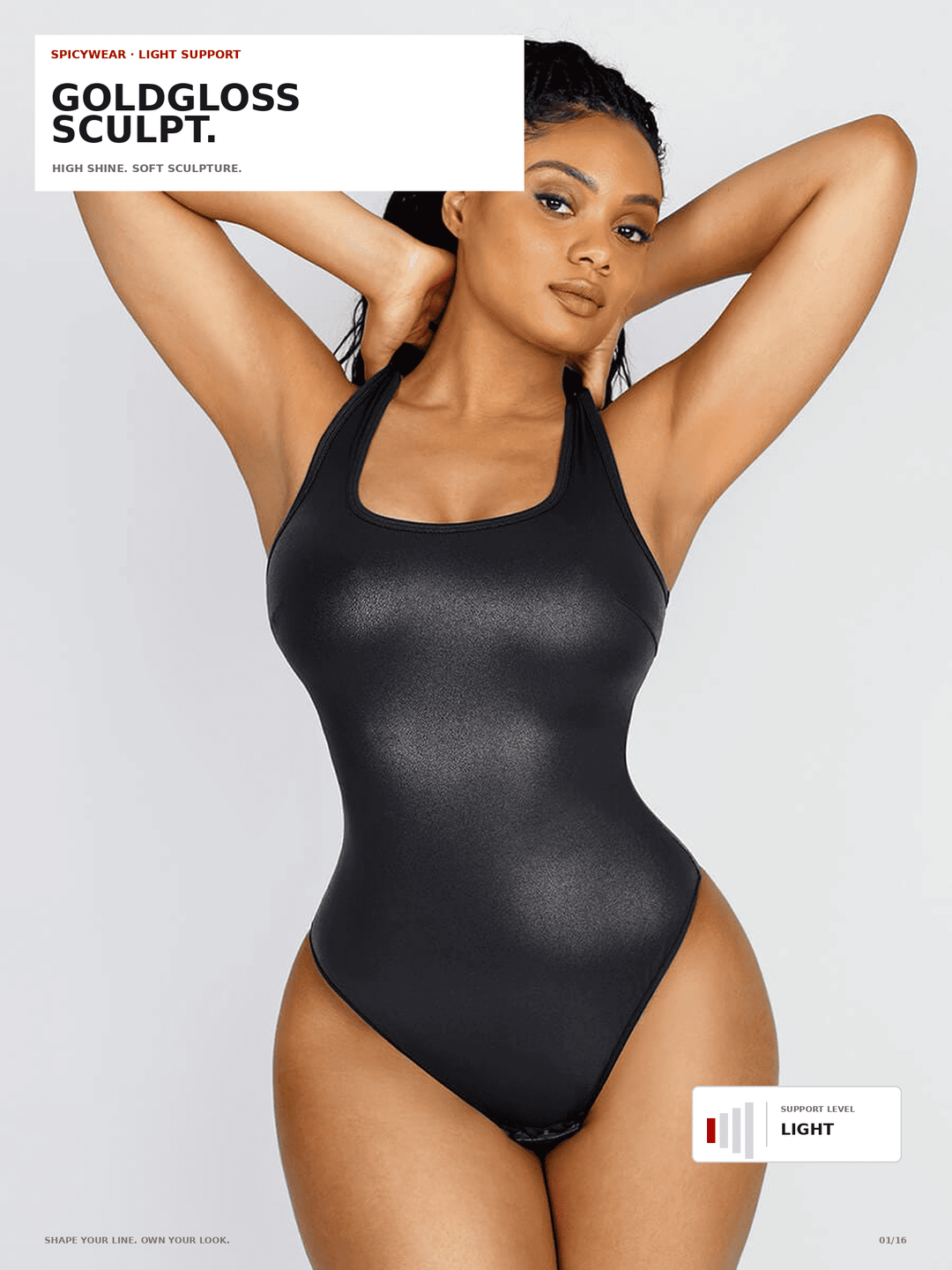 A model wearing a black high-neck, one-piece sculpting bodysuit with a glossy, metallic finish, posed against a light gray background with product text overlays.