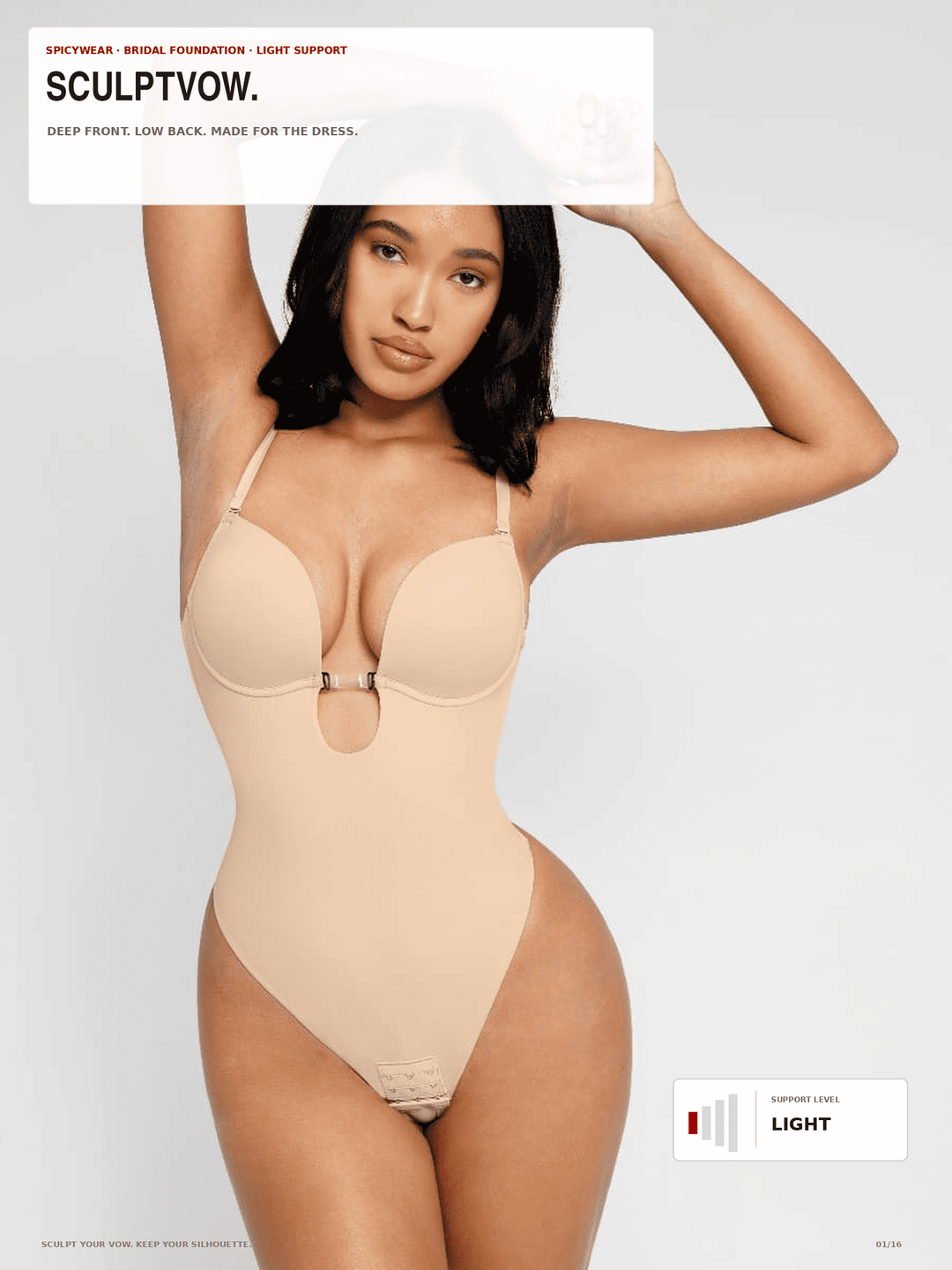 A model wearing a nude-beige Sculptvow light foundation bodysuit with a keyhole cutout at the bust, posed against a light gray studio background with product callouts.