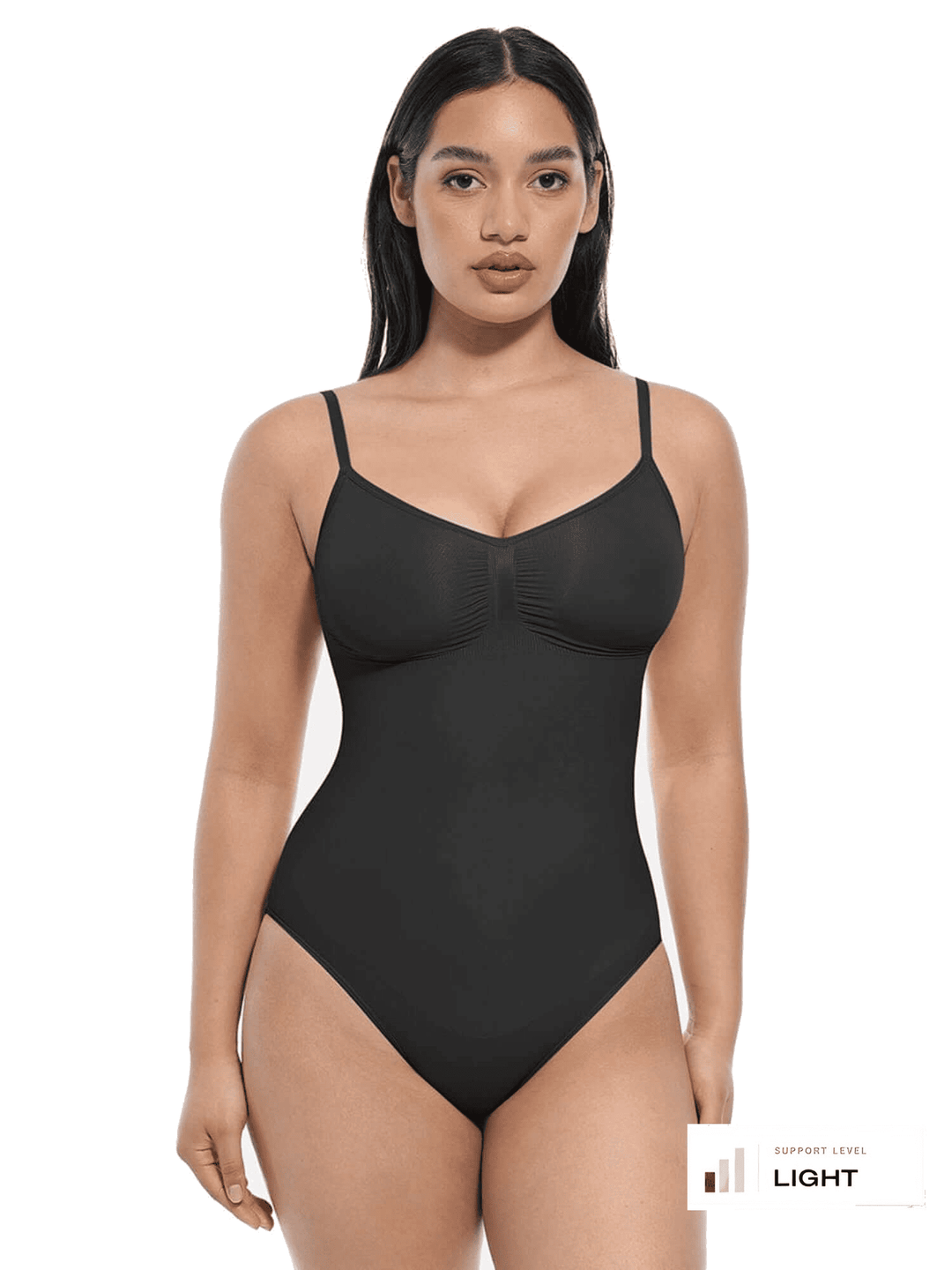 Bare Sculpt Seamless Thong Bodysuit in black, showcasing light support and a smooth silhouette.