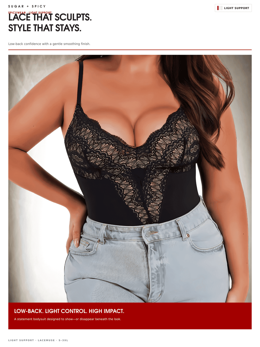 A plus-size model wearing a black lace and mesh bodysuit with thin straps and a low-cut hem, paired with light-wash jeans. The image is a promotional graphic with text overlays describing the product features.