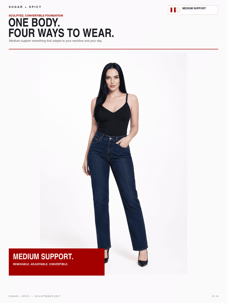 A model wearing dark blue high-waisted jeans and a black camisole stands against a white background, with promotional text for medium support and the brands Sugar + Spicy.