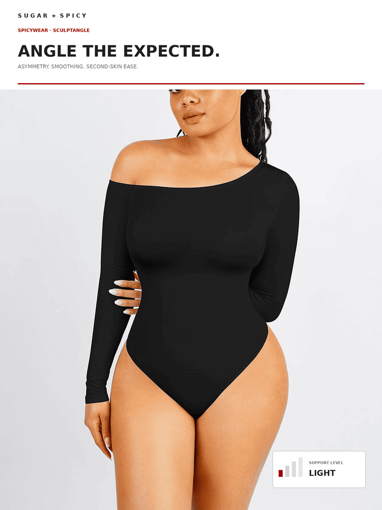 A model wearing a black long-sleeve off-the-shoulder bodysuit against a light gray studio background, with promotional text at the top and a color indicator label at the bottom right.