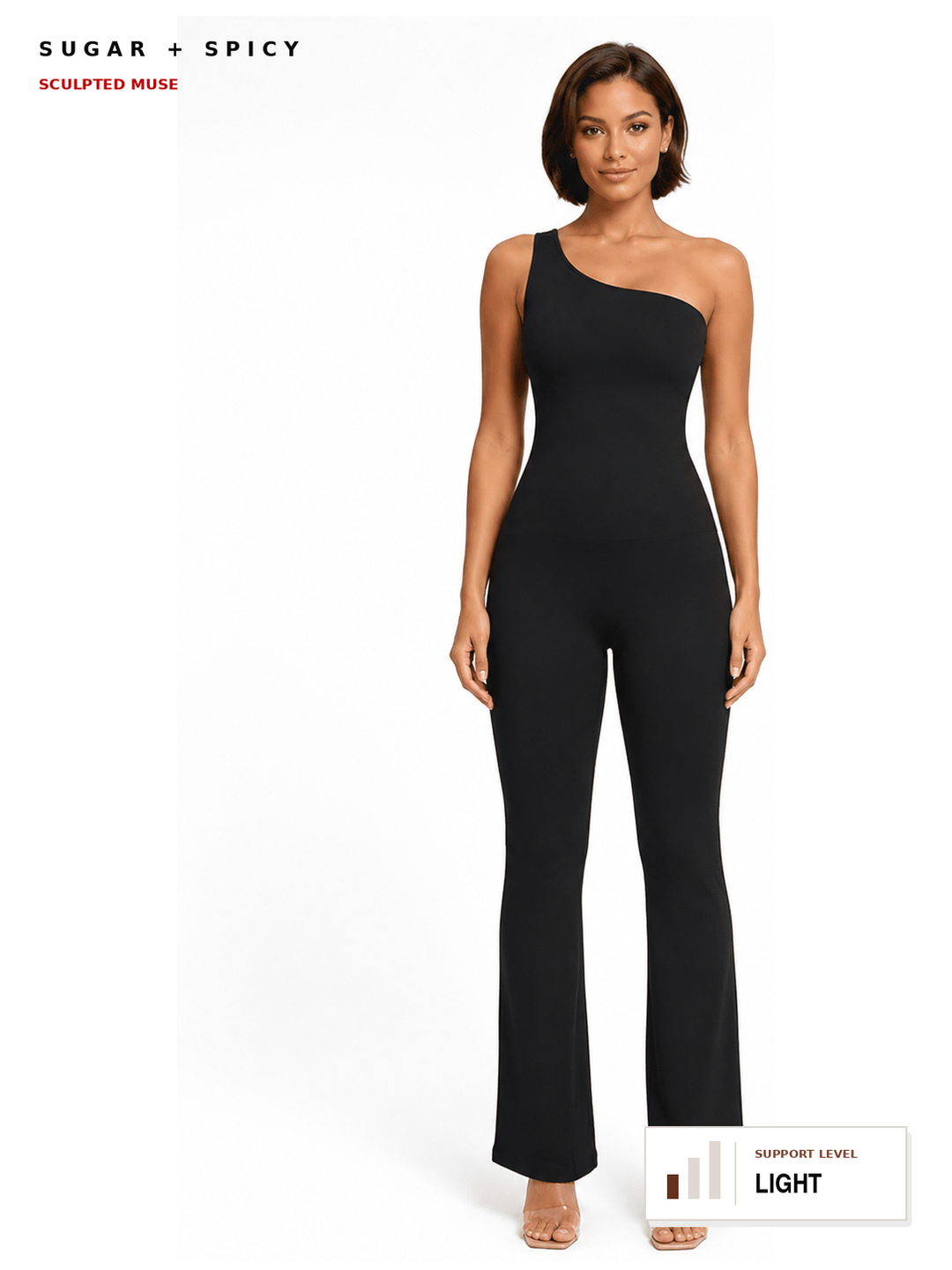 A model wearing a black one-shoulder flared jumpsuit, standing against a plain white background. The brand text &