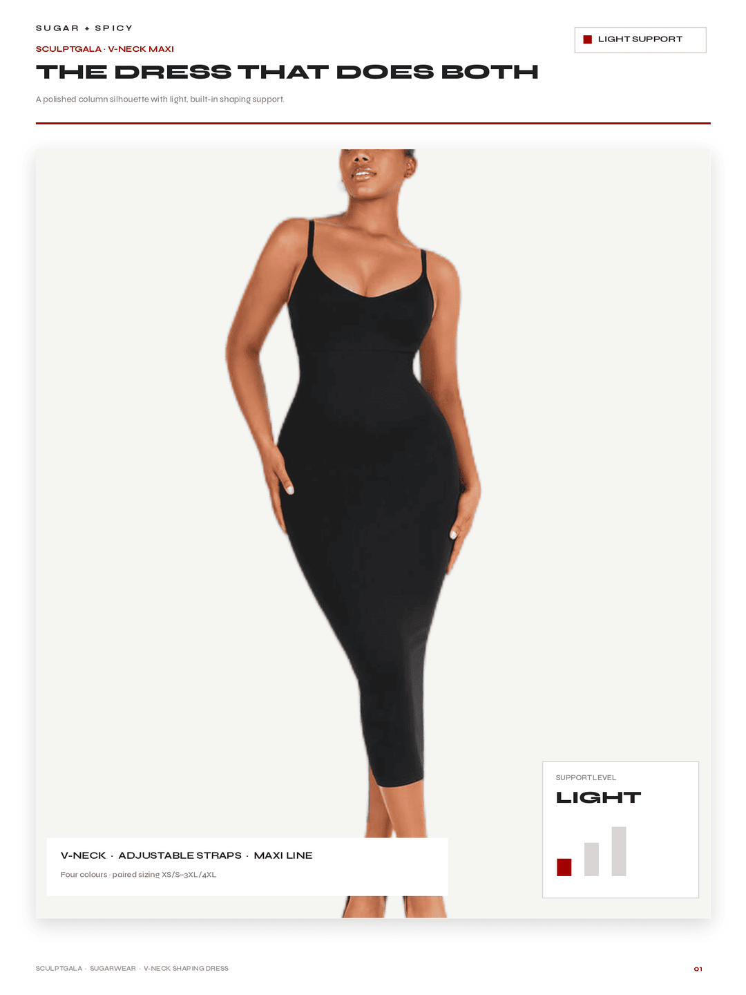 A model wearing a black spaghetti-strap, bodycon midi dress against a light gray background, with product text and color swatch details on a white webpage layout.