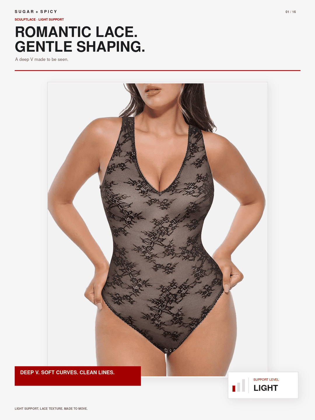 A model wears a light beige sheer lace bodysuit with black floral embroidery, featuring a deep V-neckline and scoop neck. The image is presented as a catalog page with text overlays describing the product as &