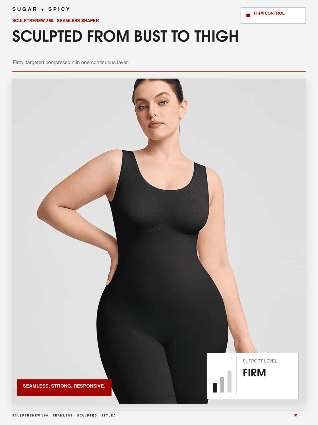 A plus-size model wearing a black seamless shaper bodysuit against a light gray background, with marketing text and feature callouts around the image.
