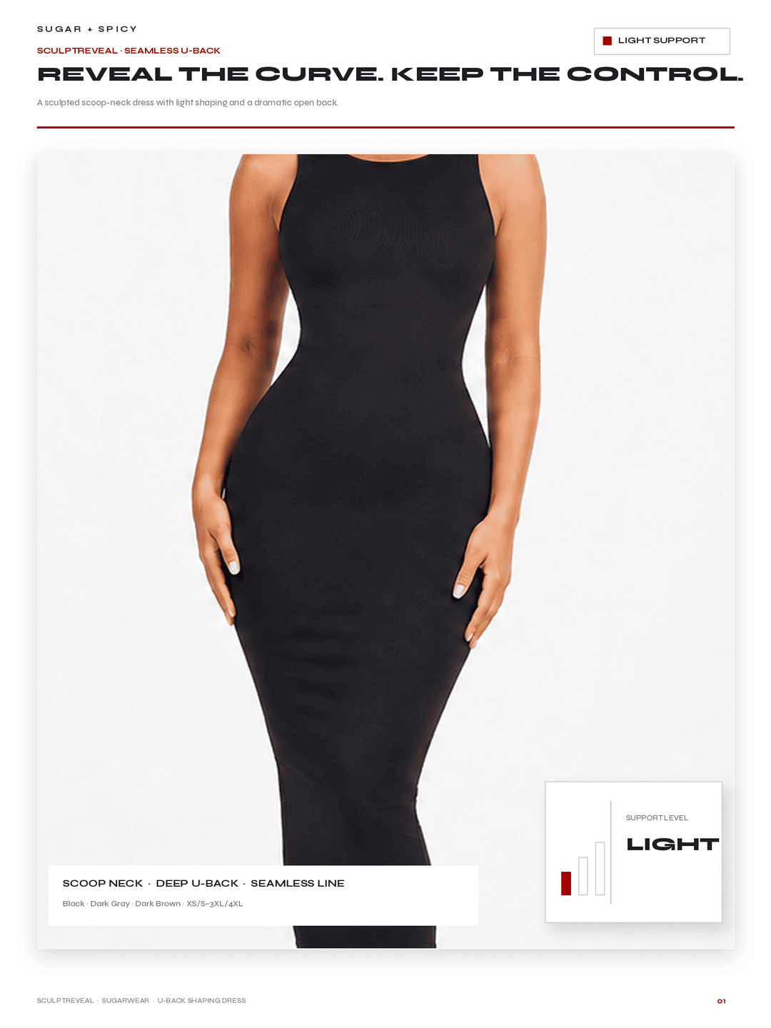 A model wearing a black scoop-neck, deep U-back seamless line dress on a white background, with text overlays describing the product features and color options.