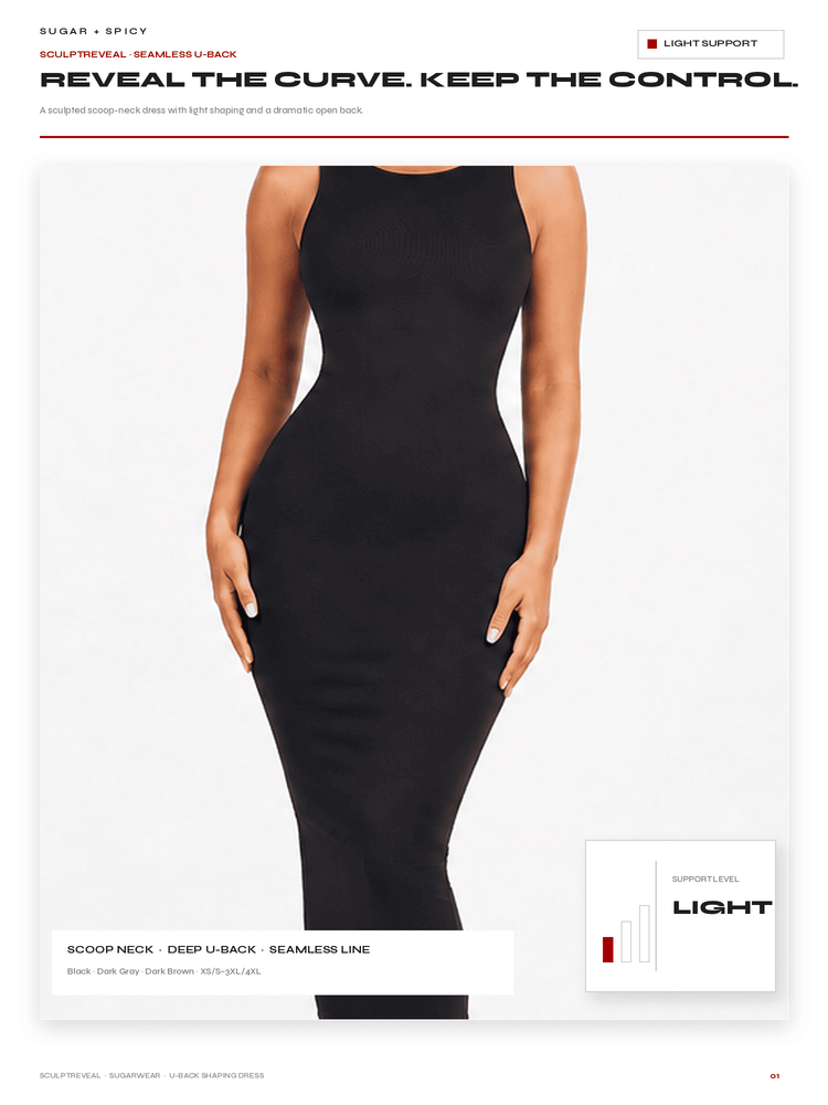 A model wearing a black scoop-neck, deep U-back seamless line dress on a white background, with text overlays describing the product features and color options.
