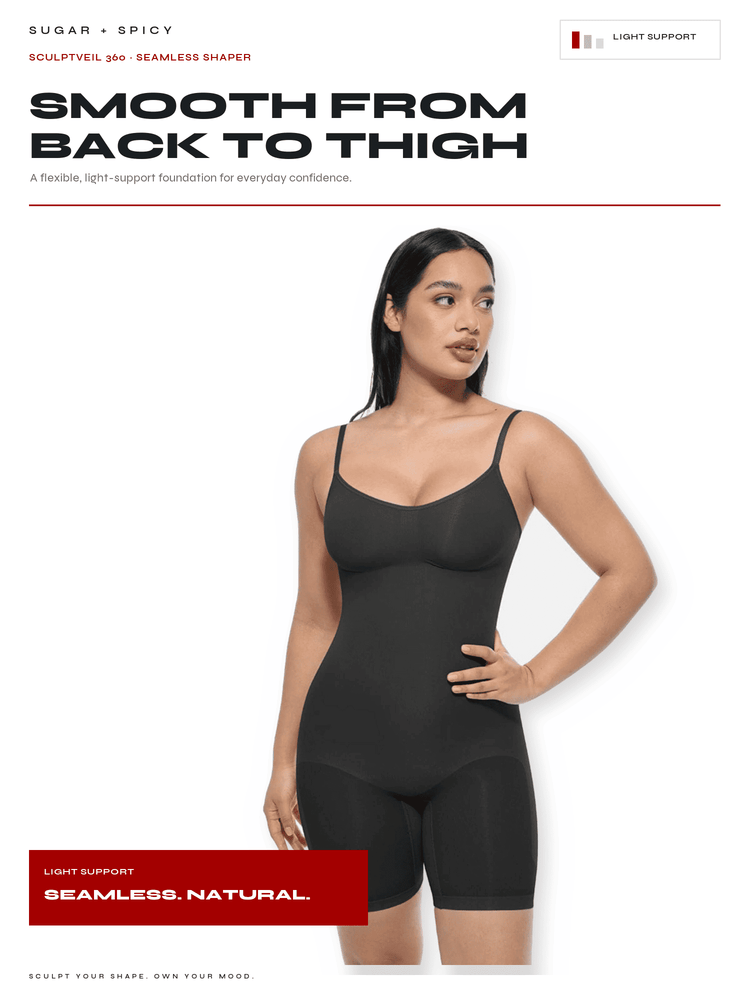 A woman modeling a black seamless shapewear bodysuit with built-in briefs, shown against a white background with promotional text for Sculptivell.