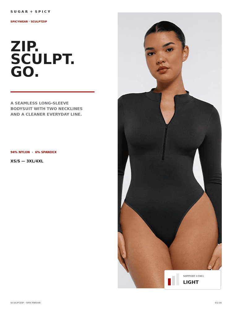 A model wears a black long-sleeve bodysuit with a half-zip neckline on a light gray studio background, alongside product text reading 'ZIP. SCULPT.