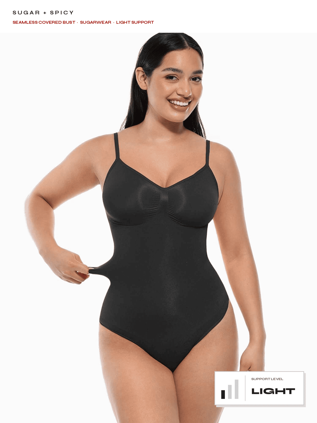 A woman modeling a black seamless shapewear bodysuit against a white background, with text overlays reading 'SUGAR + SPICY' and 'LIGHT SUPPORT' at the top and a 'LIGHT SUPPORT LEVEL' badge at the bottom right.