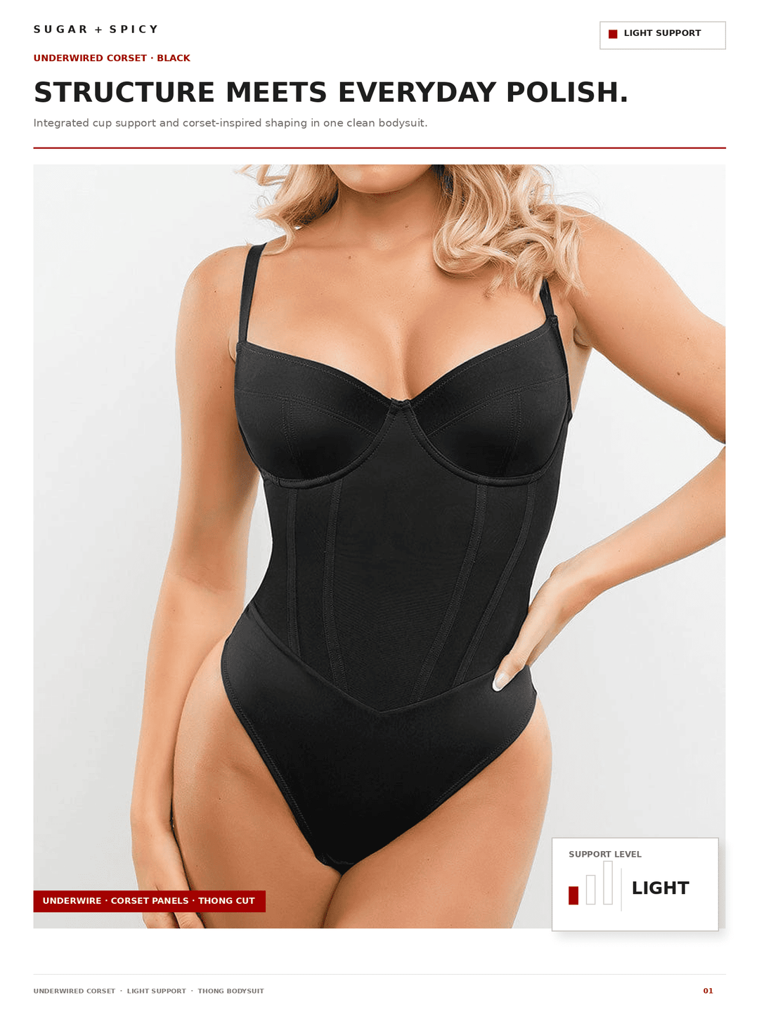 A model wearing a black underwire corset bodysuit against a light gray studio background, with marketing text and product labels around the photo.