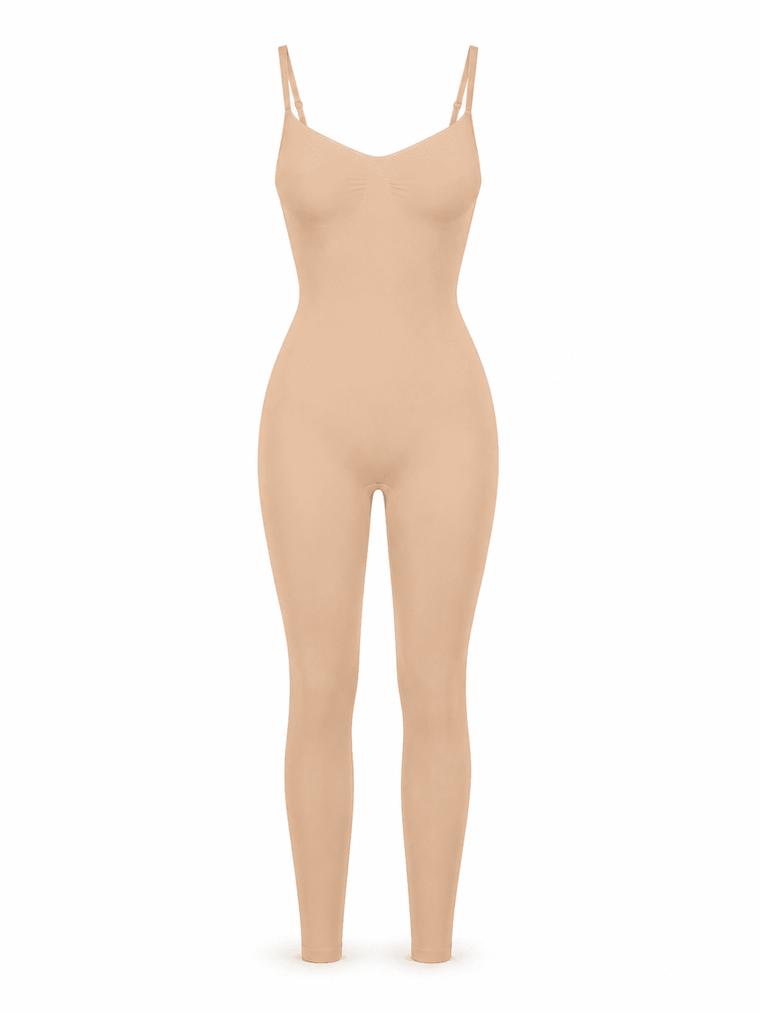 A nude beige full-body shapewear jumpsuit with thin shoulder straps, shown on a clean white background.