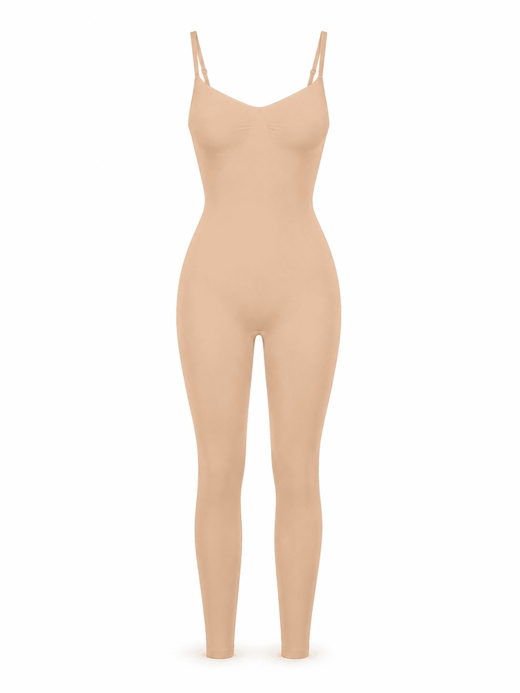 A nude beige full-body shapewear jumpsuit with thin shoulder straps, shown on a clean white background.