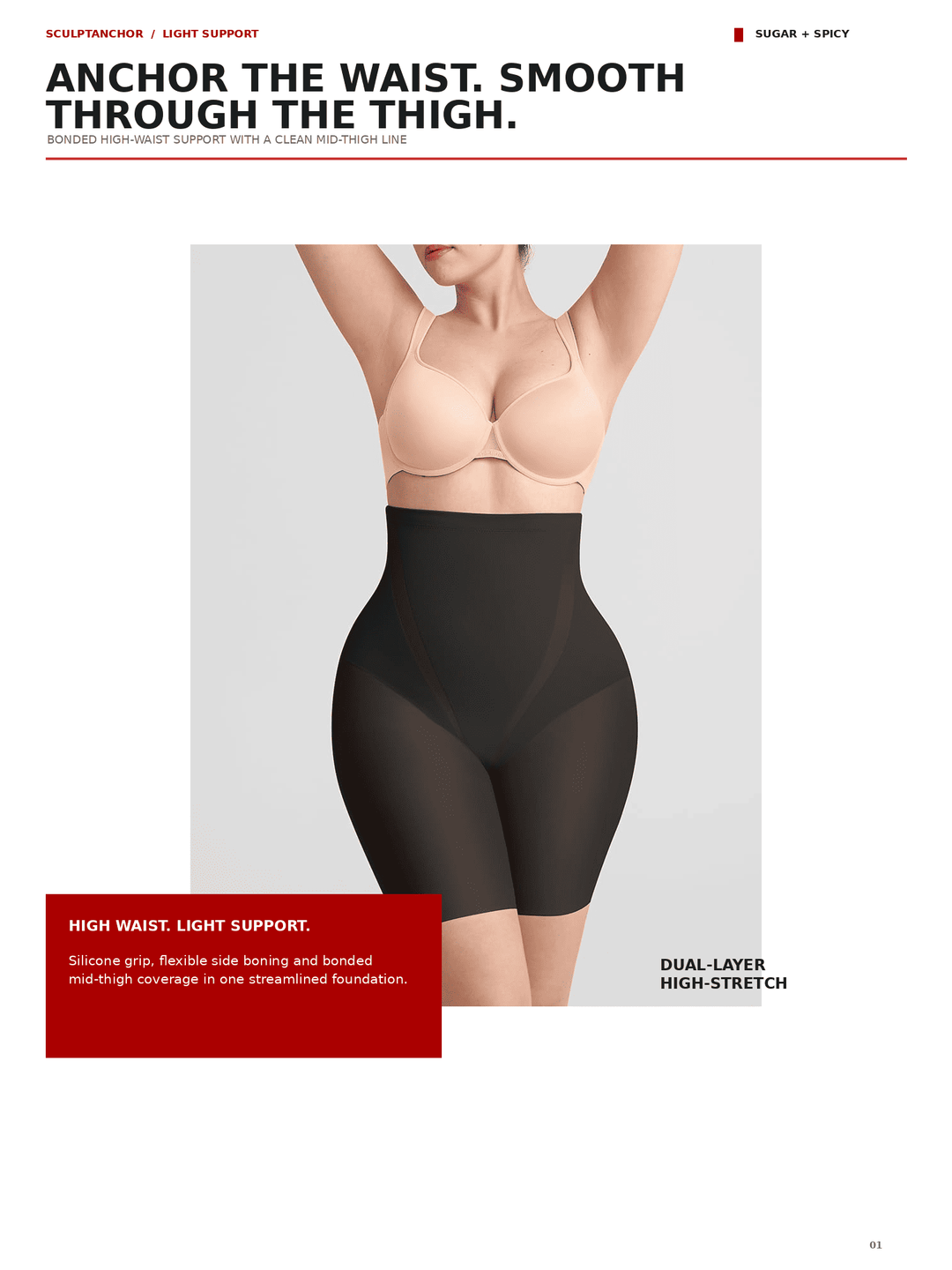 A model wears a black high-waisted compression shapewear brief with sheer mid-thigh panels, shown against a light gray background with marketing text on a white page.