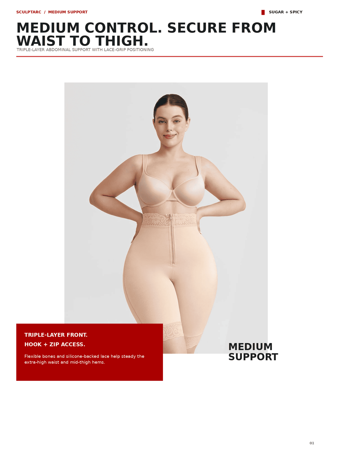 A model wearing a beige mid-thigh compression garment with a built-in bra, shown against a light gray background with marketing text on a white page.