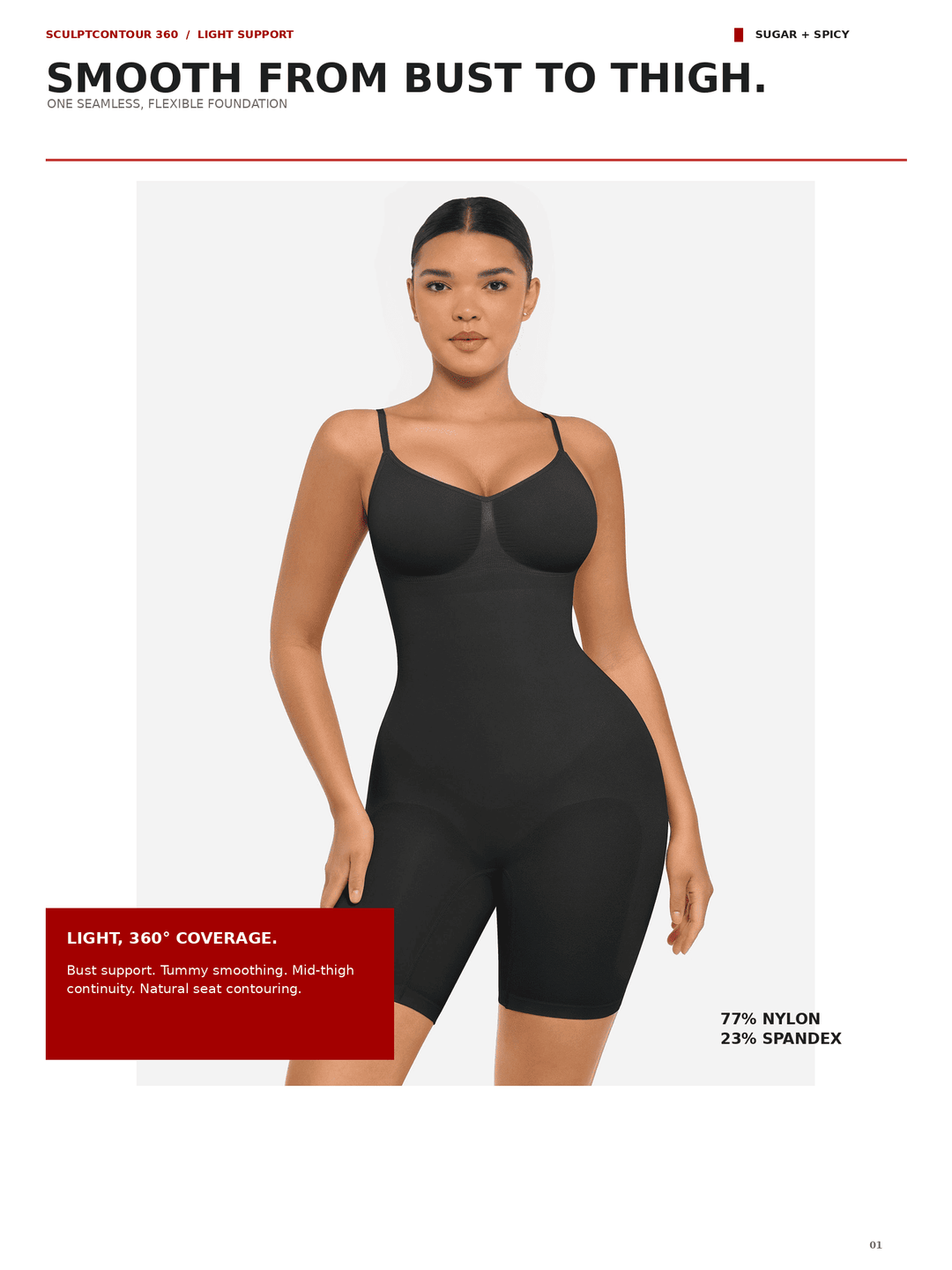 A model wearing a black seamless shapewear bodysuit with underwire cups, presented on a light gray background with product feature text and color labels.