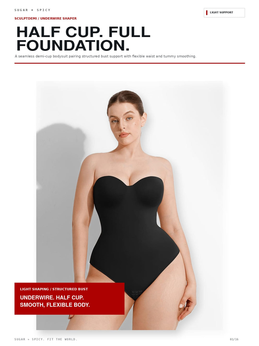 A model wearing a black strapless underwire shapewear bodysuit against a white studio background, with marketing text overlays describing the product as &