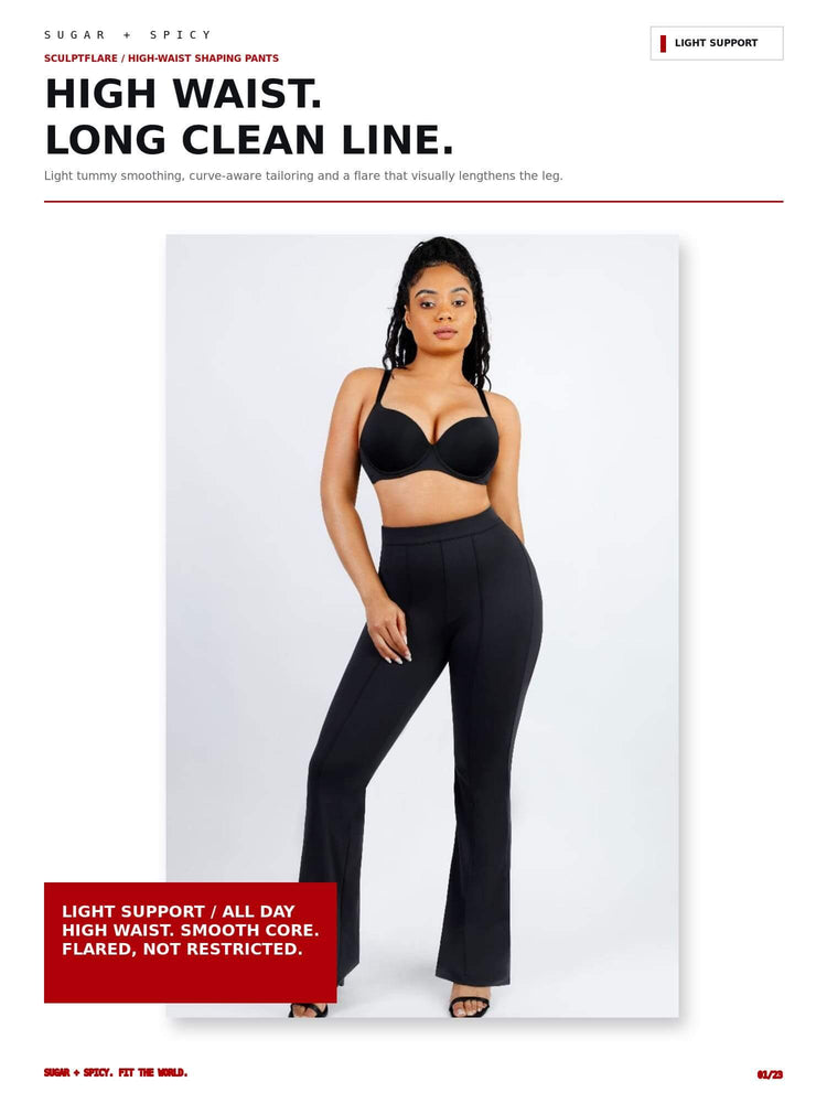 A model wearing a black high-waisted shaping pant set with a black bra, standing against a white studio background. The image includes promotional text highlighting the long, clean line and light support features of the pants.