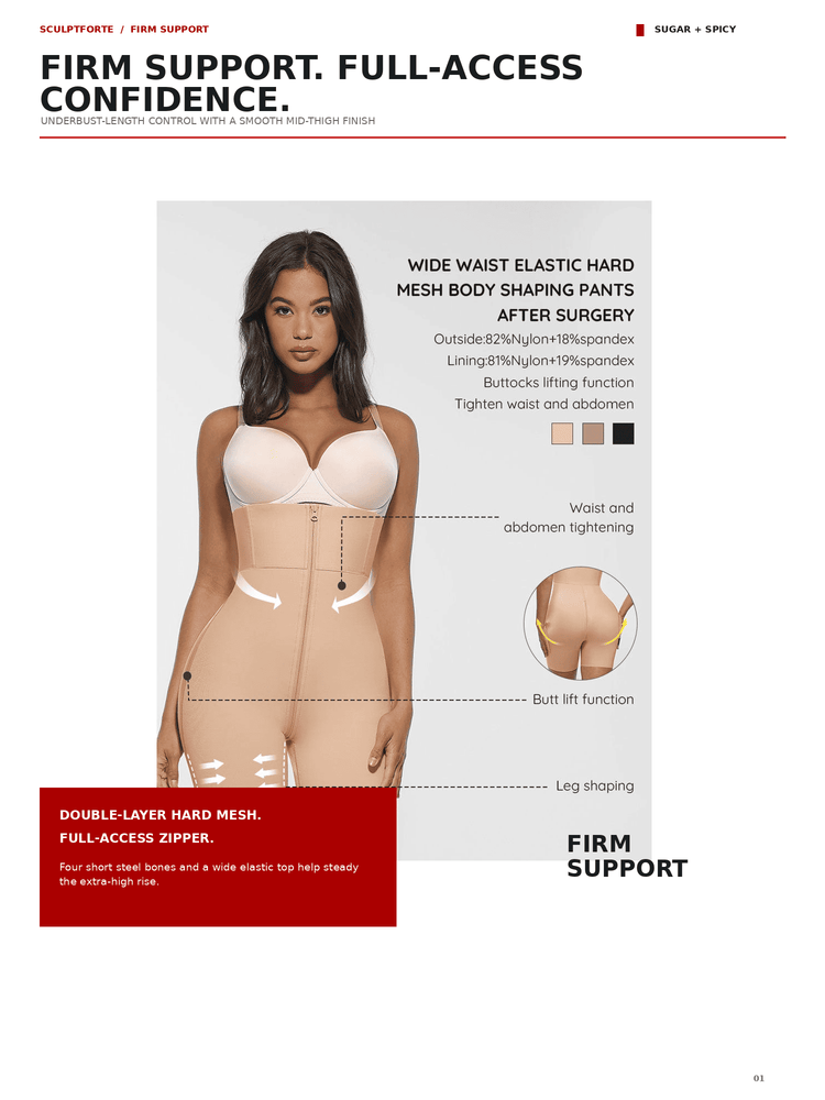 A product information page for Sugar + Spicy firm support full-access body shaping pants, featuring a model wearing the beige pants and text callouts about wide waist elastic mesh, after-surgery shaping, waist and abdomen tightening, butt lift function, and leg shaping.