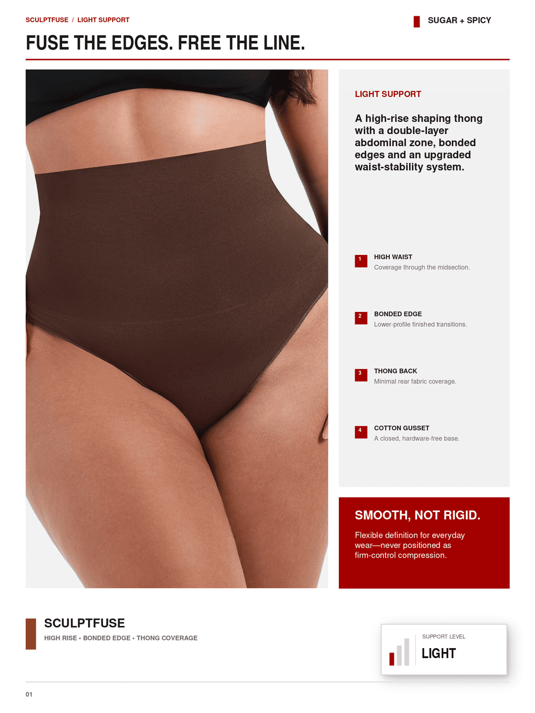 A product information page for Sculptfuse high-waisted light support briefs, featuring a model wearing the brown garment, alongside text describing features like high waist, bonded edge, thin back, and cotton gusset.