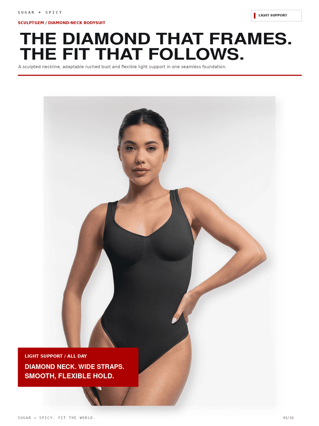A model wearing a black one-piece bodysuit with wide straps and a scoop neckline, shown against a light gray studio background with promotional text overlays.