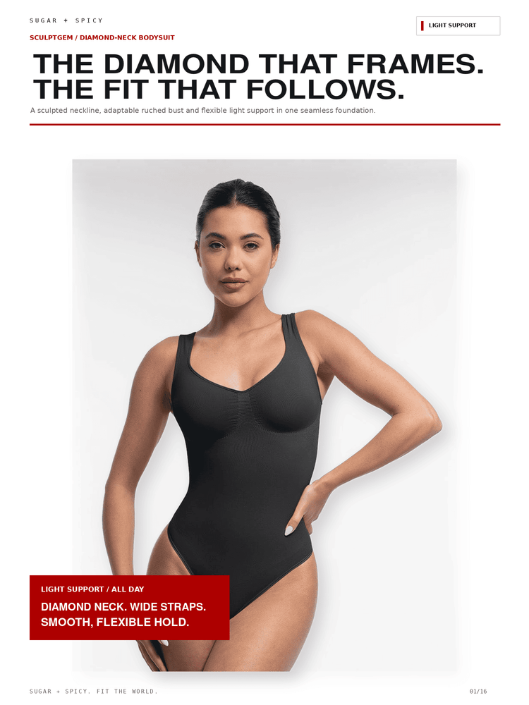 A model wearing a black one-piece bodysuit with wide straps and a scoop neckline, shown against a light gray studio background with promotional text overlays.
