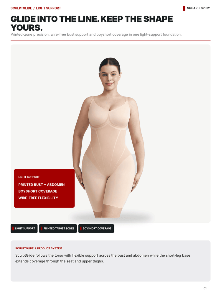 A model wearing a light beige seamless shapewear bodysuit is shown on a white product information page with text callouts and product feature labels.