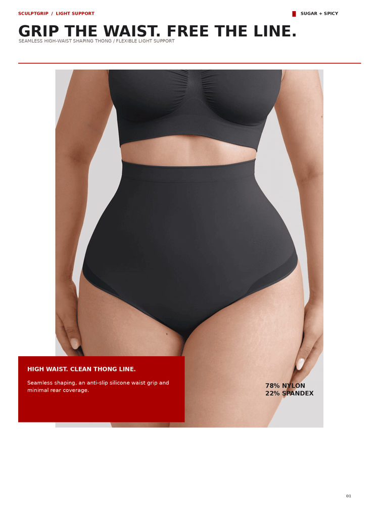 A model wearing a black high-waisted shapewear brief and matching bralette against a light gray studio background, with marketing text and red callout boxes on a white page.