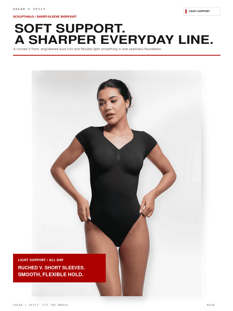 A model wearing a black ruched short-sleeve bodysuit against a white studio background, with promotional text at the top and a red text box at the bottom left.