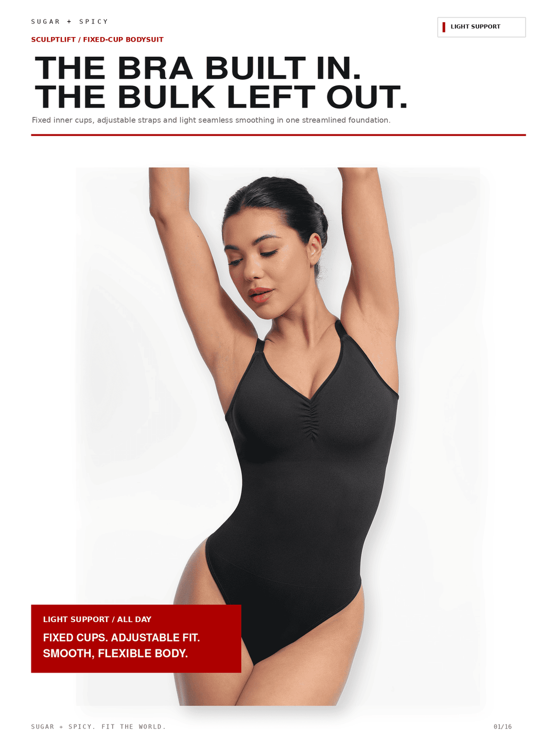 A woman modeling a black one-piece bodysuit with a deep V-neck and built-in bra support, shown against a white background with promotional text overlays.