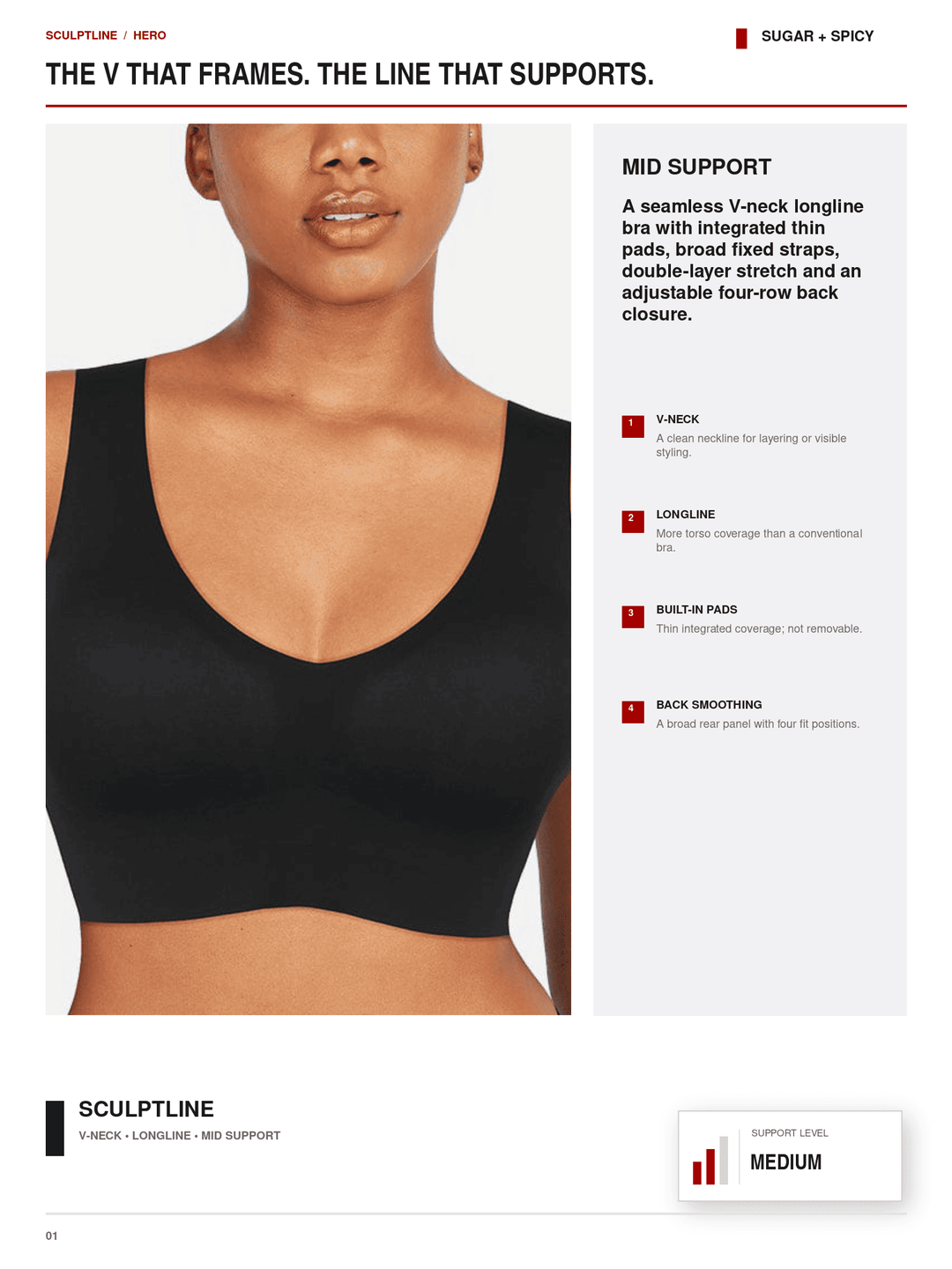 SculptLine Seamless V-Neck Mid-Support Longline Bra