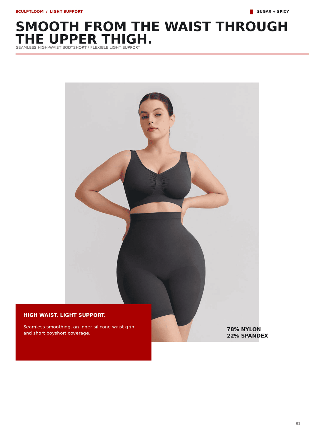 A model wearing a dark gray seamless high-waist sports bra and matching high-waisted shorts against a light gray studio background, with promotional text on a white page.
