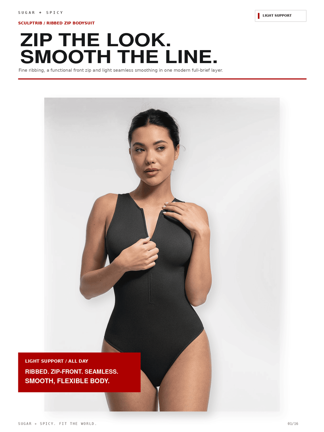 A model wearing a black ribbed one-piece swimsuit or bodysuit against a light gray studio background, with promotional text overlays at the top and bottom.