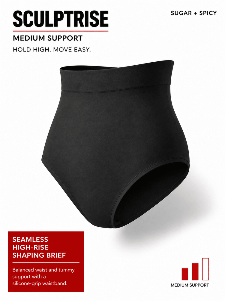 A black high-waisted shaping brief centered on a white background with promotional text reading SCULPTRISE, MEDIUM SUPPORT, and SUGAR + SPICY. The product is shown alone with no person or real environment.