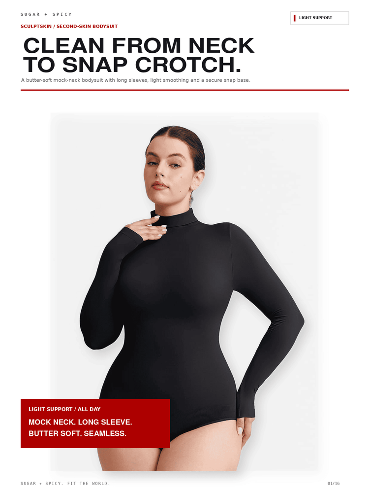 A model wears a black long-sleeve mock-neck bodysuit against a white studio background, with promotional text highlighting the garment's stretch and comfort.