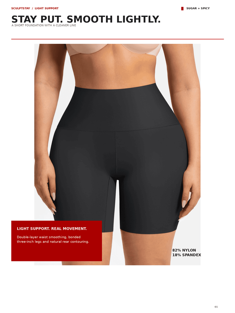 A model wearing black high-waisted shaping shorts against a white background, with promotional text and a red callout box describing the product as light support and real movement.