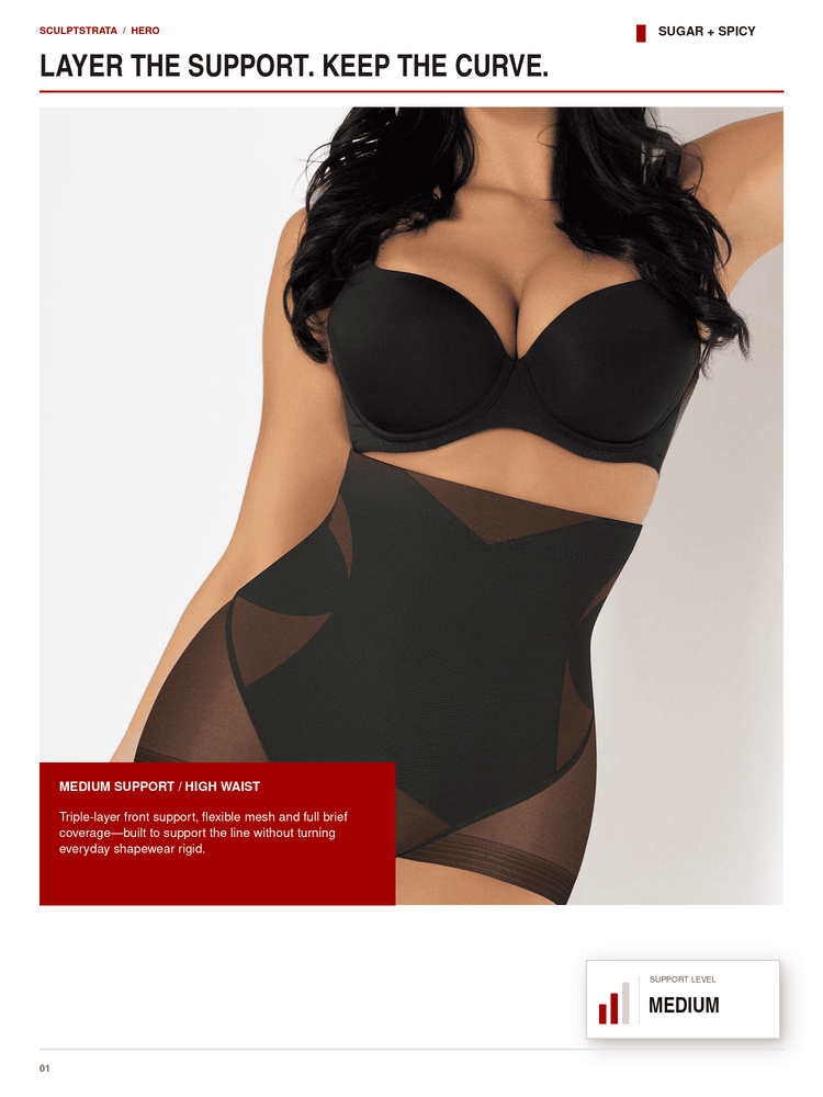 A model wears a black midsection support bra and shapewear bodysuit with sheer mesh side panels. The page includes marketing text, product labels, and support level graphics on a white background.