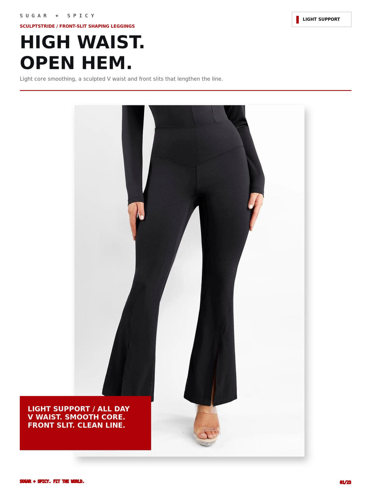 A model wears black high-waisted flared leggings with a front slit, shown against a white background with promotional text overlays.