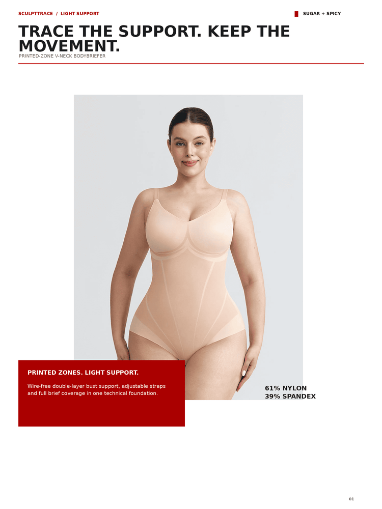 A model wearing a light beige seamless double-bust shapewear bodysuit against a light gray background, with promotional text and a red label on a white page.