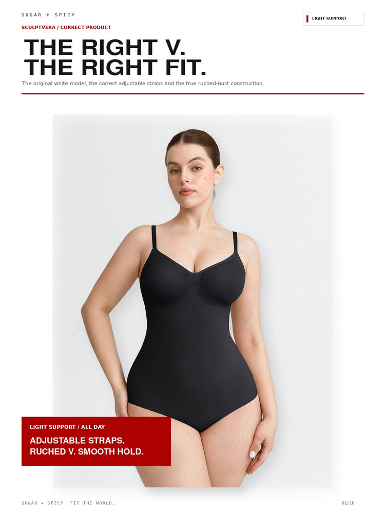 A model wearing a black light-support bodysuit against a light gray background, with promotional text highlighting adjustable straps and smooth hold construction.