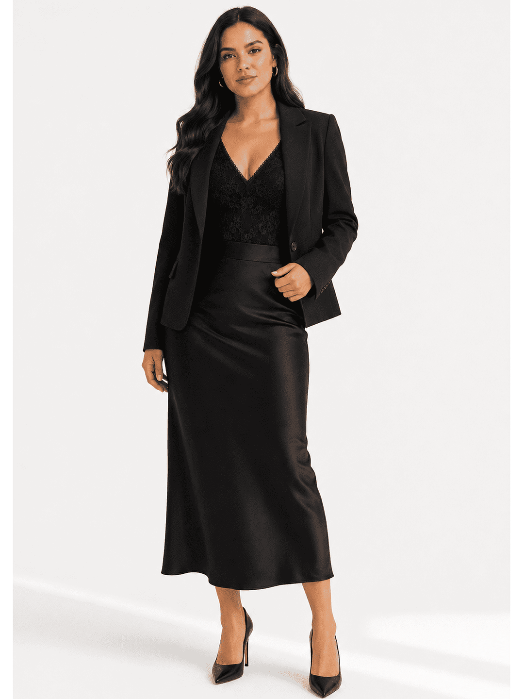 A woman modeling a black two-piece outfit consisting of a satin midi skirt and a matching blazer over a black lace V-neck top, paired with black high heels, against a plain white studio background.
