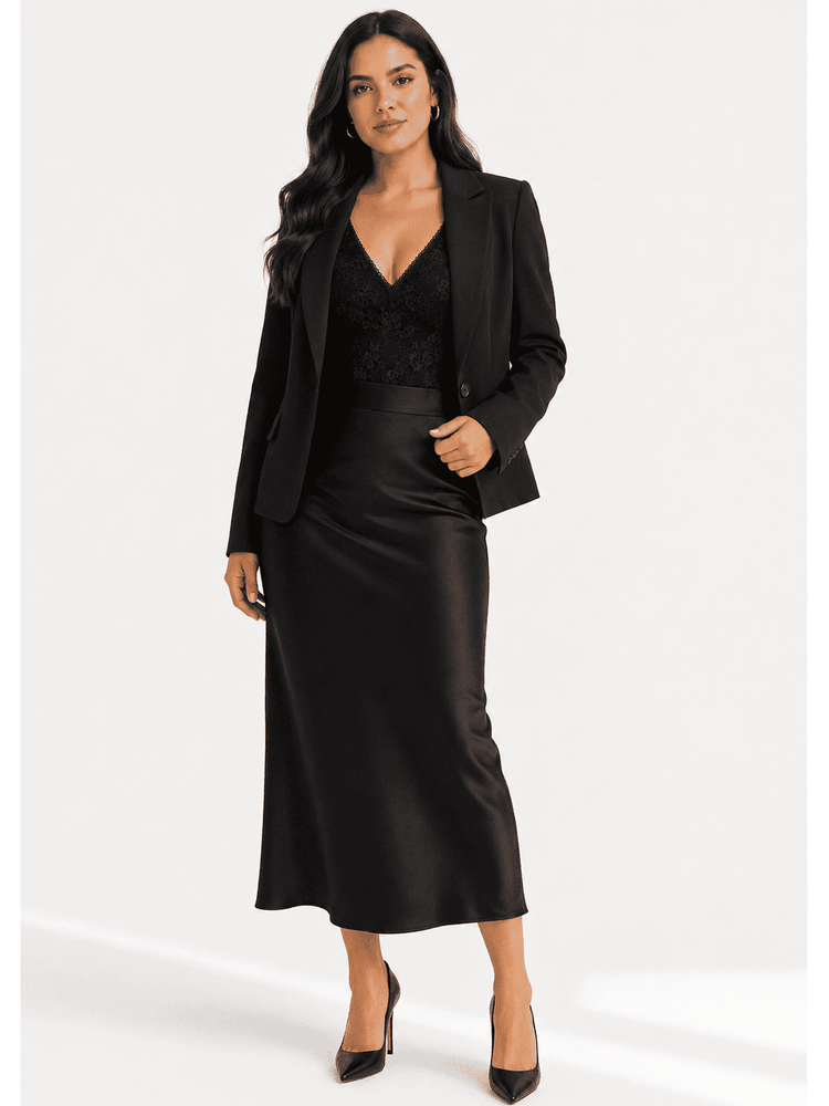 A woman modeling a black two-piece outfit consisting of a satin midi skirt and a matching blazer over a black lace V-neck top, paired with black high heels, against a plain white studio background.