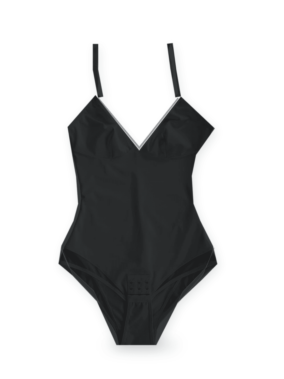 A black one-piece swimsuit with thin shoulder straps and a V-neckline, shown flat against a plain white background.